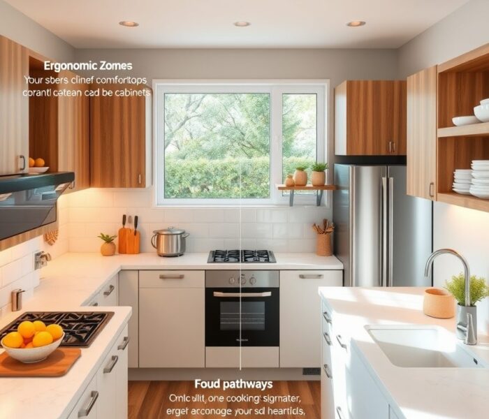 Układ funkcjonalny kuchni: jak zaprojektować ergonomiczne strefy i trasy ruchu dla wygody codziennej pracy
