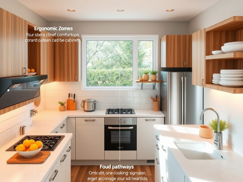 Układ funkcjonalny kuchni: jak zaprojektować ergonomiczne strefy i trasy ruchu dla wygody codziennej pracy